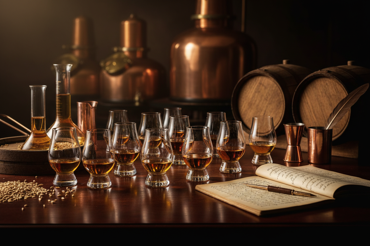 Bottiglie di whisky con bicchiere da degustazione e dettagli delle etichette