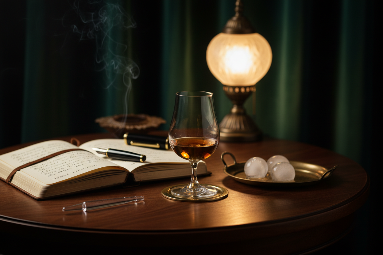 Degustazione di whisky con bicchiere su tavolo in legno