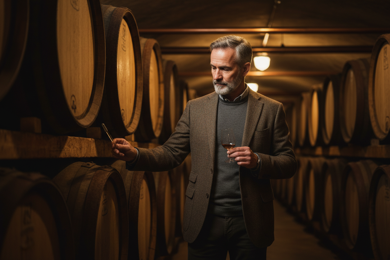 uomo-controlla-botti-invecchiamento-whisky